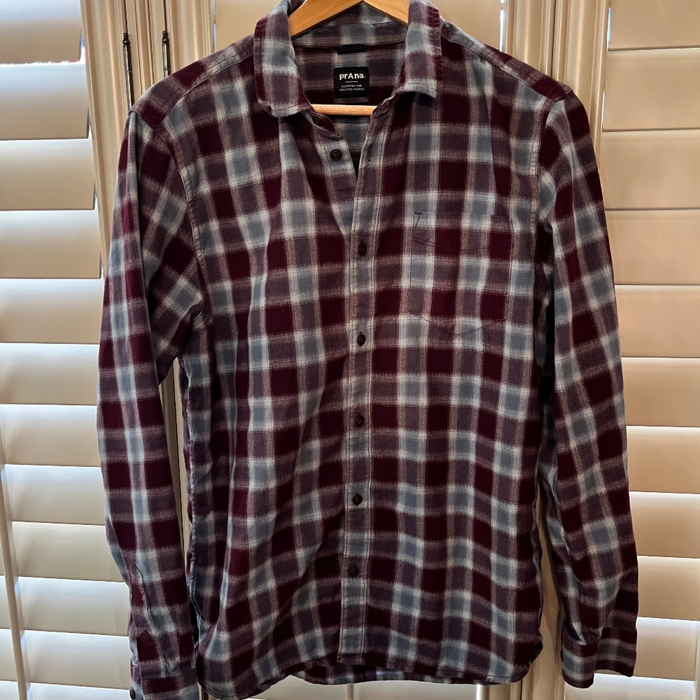 Prana flannel button down shirt. Size Medium. Maroon/gray plaid